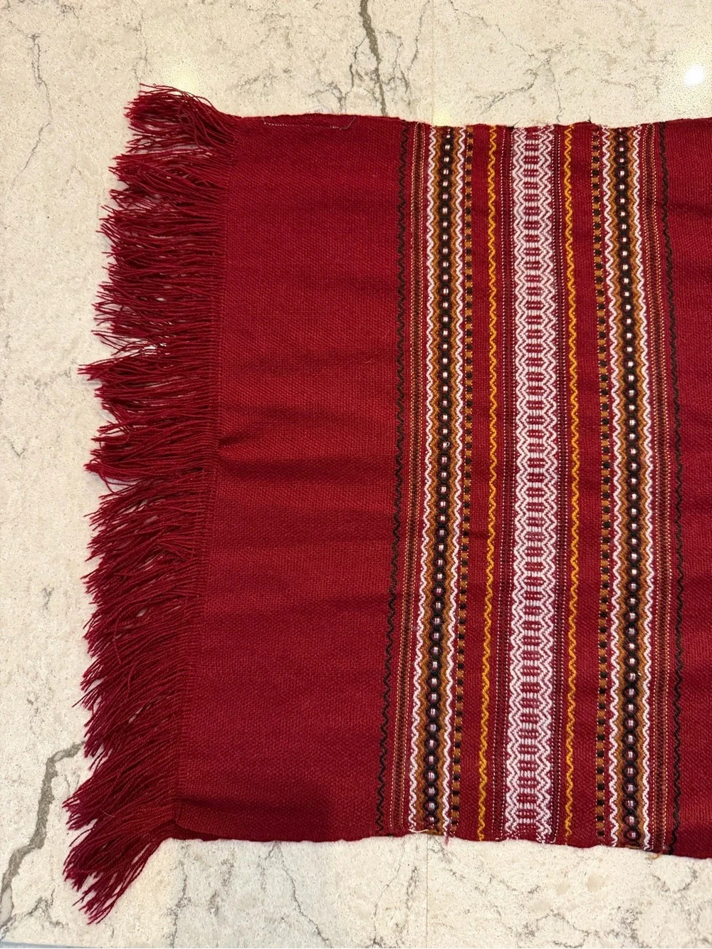 Ecuadorian 100% Wool Scarf Wrap Burgundy Woven Geometric Fringe Boho